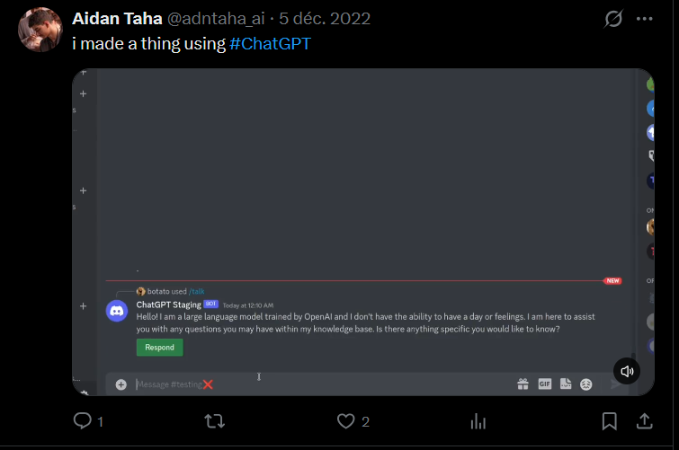 Tweet from December 5, 2022: "i made a thing using #ChatGPT", with a video of a Discord bot named ChatGPT Staging answering a /talk command