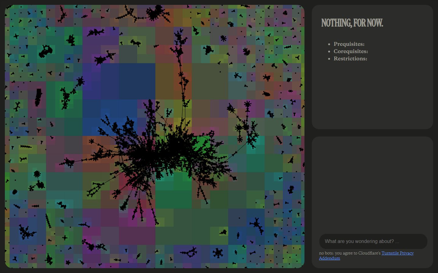 The McGill prerequisite graph zoomed out, thousands of course nodes over the coloured cells of the Barnes-Hut quadtree.