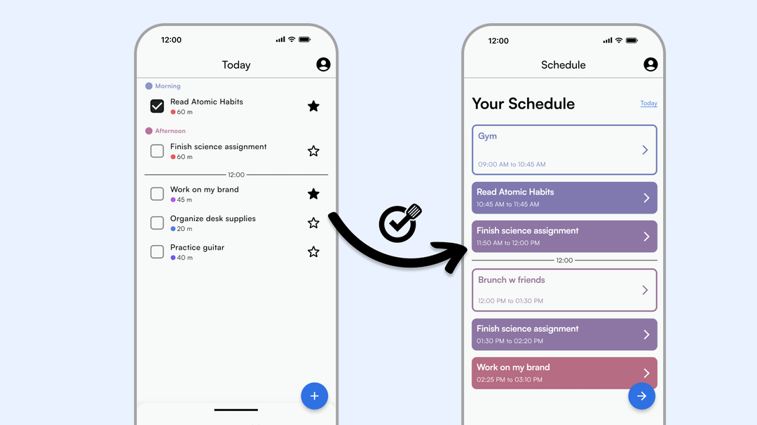 Two phone screens: a to-do list with a duration for each task, and an arrow to the same tasks laid out as a timed schedule for the day
